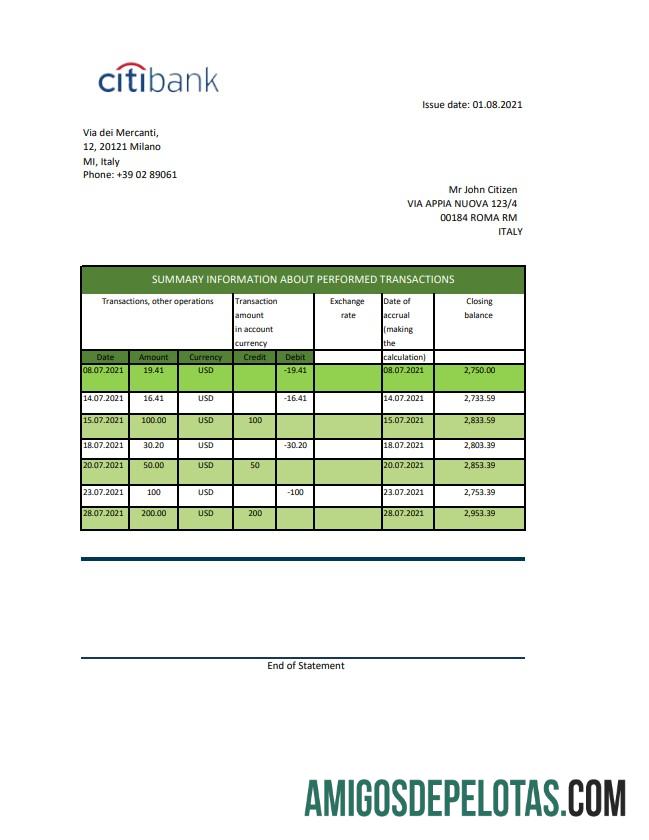 Italy Citibank Excel Pdf amostra